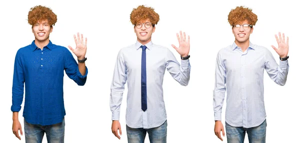 Collage Young Bussines Man Curly Hair Wearing Glasses Isolated White — Stock Photo, Image