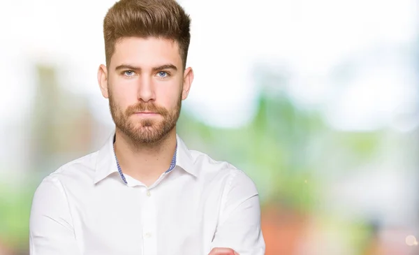 Jovem Homem Negócios Bonito Cético Nervoso Desaprovando Expressão Rosto Com — Fotografia de Stock