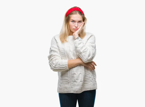 Giovane Donna Caucasica Indossa Maglione Invernale Sfondo Isolato Pensando Cercando — Foto Stock