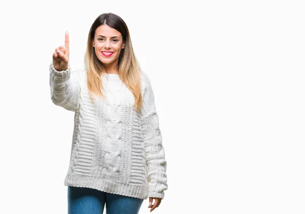 Giovane Bella Donna Casual Maglione Bianco Sfondo Isolato Mostrando Indicando — Foto Stock