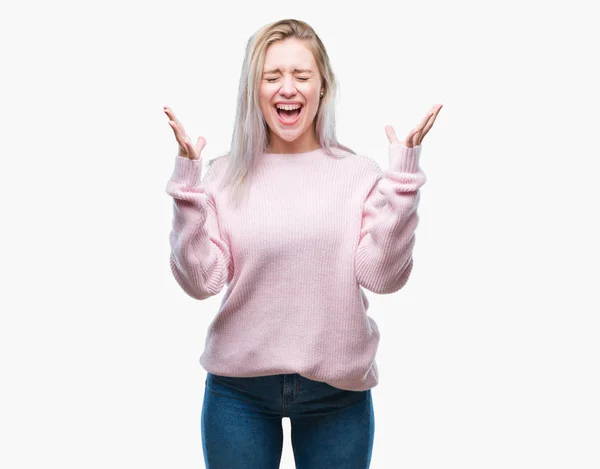 Junge Blonde Frau Winterpullover Über Isoliertem Hintergrund Feiert Verrückt Und — Stockfoto