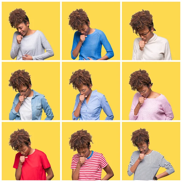 Collage of young beautiful african girl over yellow isolated background feeling unwell and coughing as symptom for cold or bronchitis. Healthcare concept.