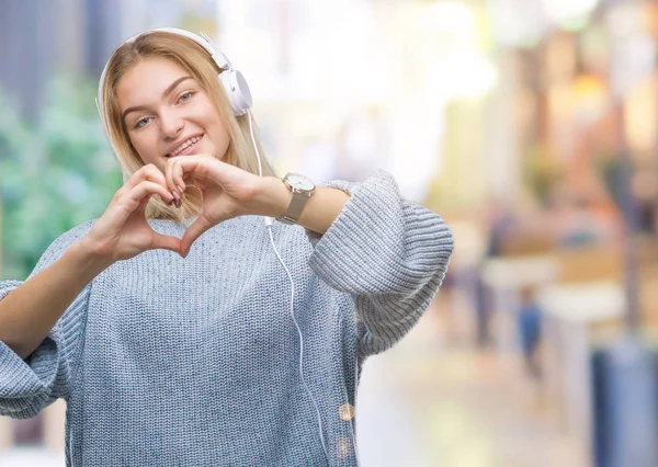Young Caucasian Woman Listening Music Wearing Headphones Isolated Background Smiling — Stock Photo, Image