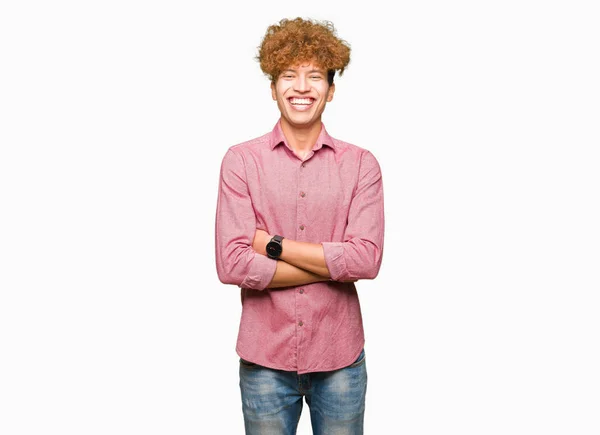 Junger Gutaussehender Geschäftsmann Mit Afro Haaren Fröhlichem Gesicht Lächelnd Mit — Stockfoto
