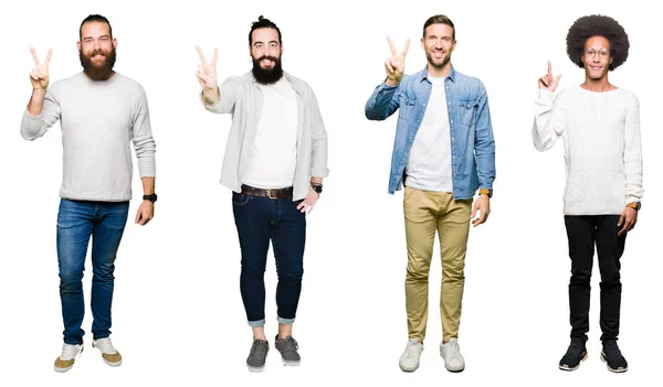 Collage Van Groep Jonge Mannen Witte Geïsoleerde Achtergrond Weergeven Met — Stockfoto