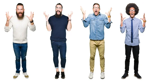 Collage Van Groep Jonge Mannen Witte Geïsoleerde Achtergrond Vieren Gek — Stockfoto