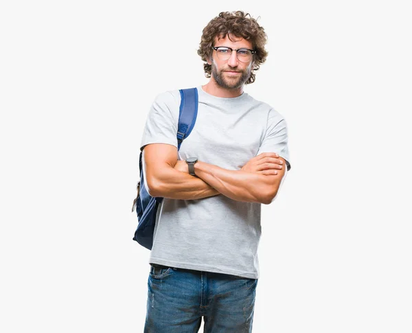 Knappe Spaanse Student Man Rugzak Bril Dragen Geïsoleerd Achtergrond Blij — Stockfoto