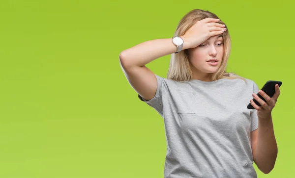 Young Caucasian Woman Sending Message Using Smartphone Isolated Background Stressed — Stock Photo, Image