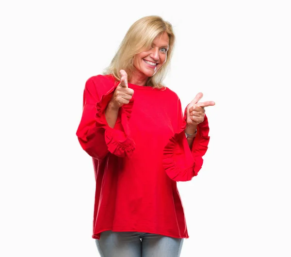 Middle Age Blonde Woman Isolated Background Pointing Fingers Camera Happy — Stock Photo, Image