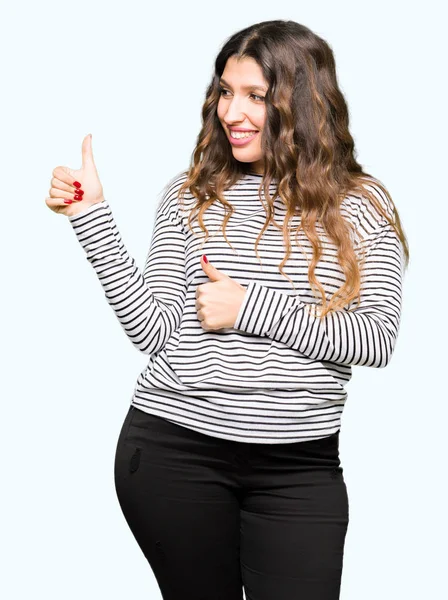 Young Beautiful Woman Wearing Stripes Sweater Looking Proud Smiling Doing — Stock Photo, Image