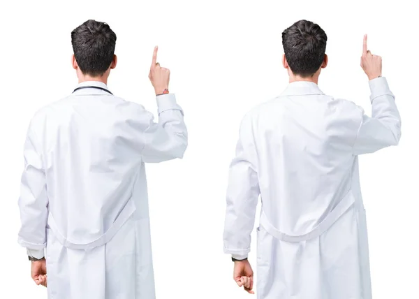 Κολάζ Νεαρός Γιατρός Άντρας Φορώντας Ιατρικό Παλτό Θέτοντας Ανάποδα Δείχνοντας — Φωτογραφία Αρχείου