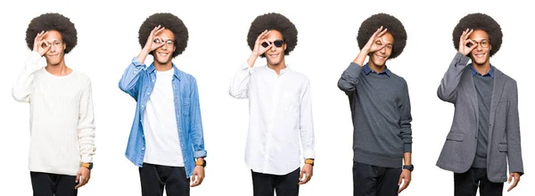 Colagem Jovem Com Cabelo Afro Sobre Fundo Isolado Branco Fazendo — Fotografia de Stock