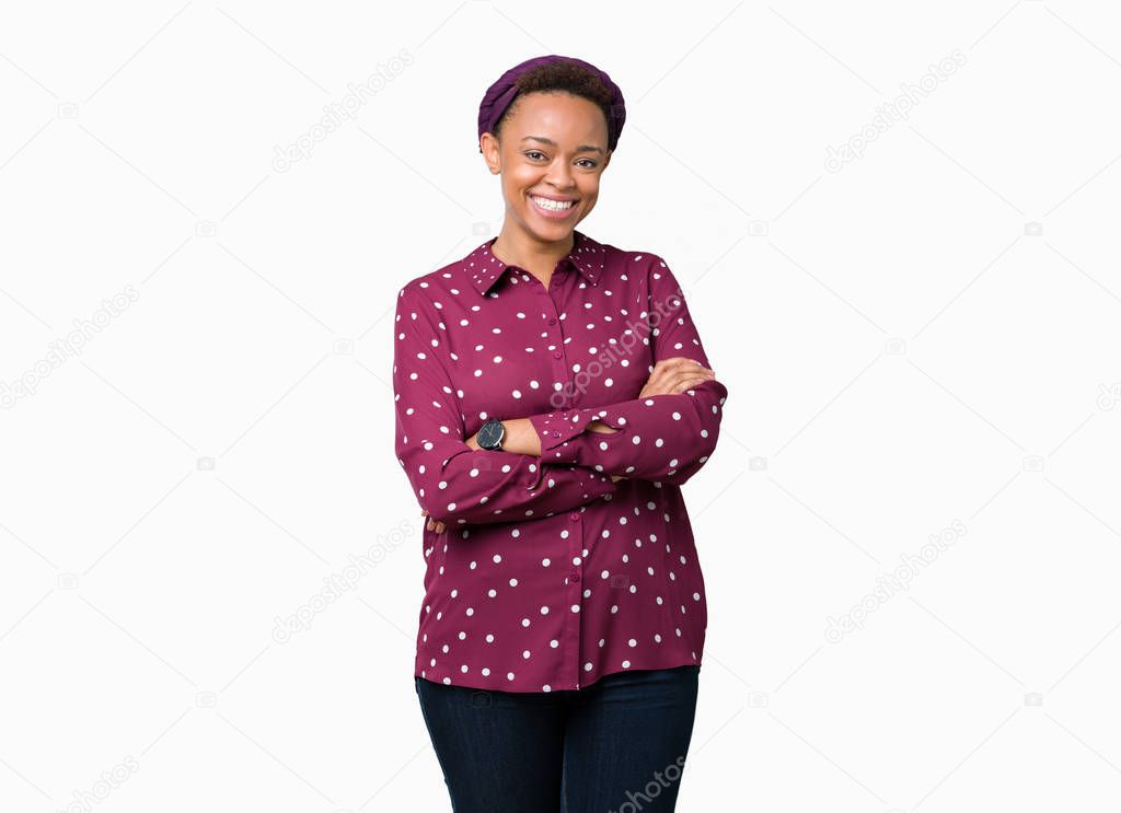 Beautiful young african american woman wearing head scarf over isolated background happy face smiling with crossed arms looking at the camera. Positive person.