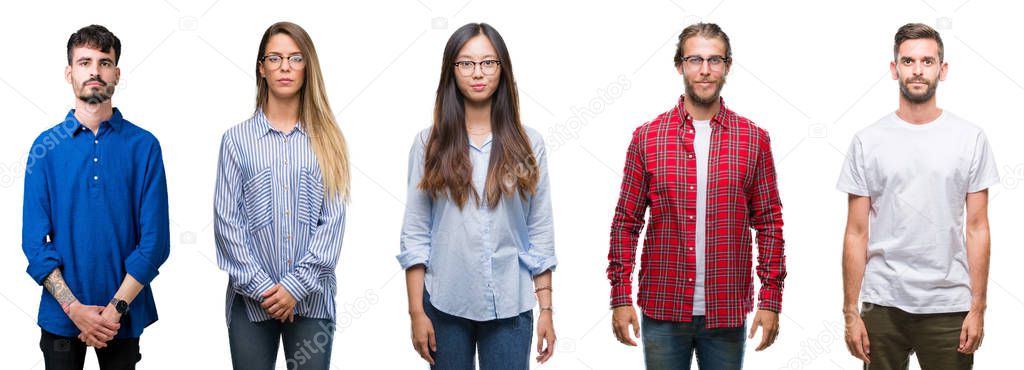 Collage of young people over white isolated background Relaxed with serious expression on face. Simple and natural looking at the camera.
