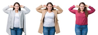 Kolaj izole arka plan gülen çekerek kulakları parmaklar, komik jest ile boyutu kadın artı güzel bir. Seçmelere sorun