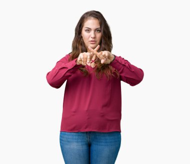 Artı boyutu eksi işareti yapıyor izole arka plan ret ifade geçiş parmakları genç kadın güzel