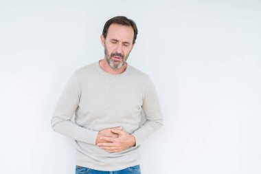 Zarif üst düzey adam izole mide üzerinde el ile arka plan çünkü hazımsızlık, ağrılı hastalık hasta hissediyor. Ağrısı kavramı.
