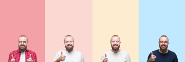 Kolaj bir hareketi el ile mutlu yaşasın yapıyor renkli çizgili izole arka plan üzerinde sakallı genç adam. Başarı gösteren kameraya bakarak ifade onaylama.