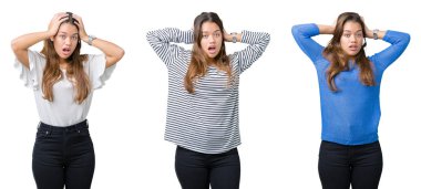 Güzel ve genç birbayan kolaj üzerinde arka plan deli izole ve baş, korkuyor ve açık ağzı ile şok sürpriz elleriyle korkuttu