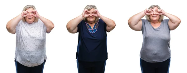 Collage Una Mujer Gorda Mayor Sobre Fondo Aislado Haciendo Buen —  Fotos de Stock