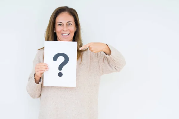 Middle Age Woman Thinking Holding Paper Question Mark Symbol Isolated — Stock Photo, Image