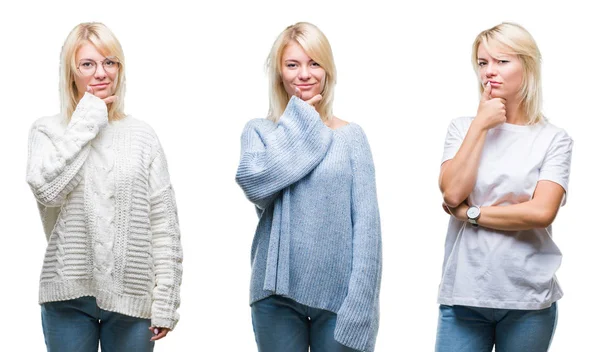 Colagem Bela Mulher Loira Vestindo Camisola Inverno Sobre Fundo Isolado — Fotografia de Stock