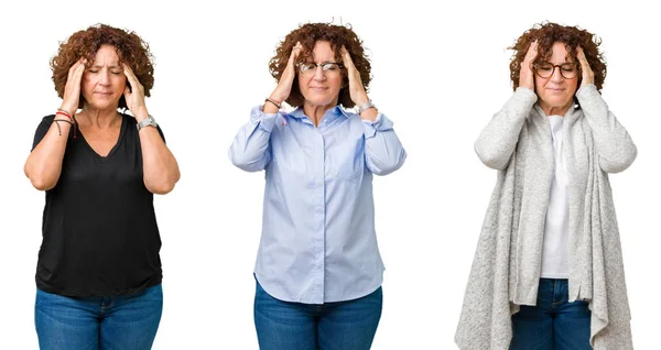 中年老年妇女的拼贴在白色被隔绝的背景与手在头为痛苦在头由于压力 患有偏头痛 — 图库照片