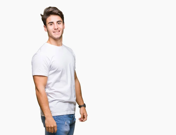 Joven Hombre Guapo Con Camiseta Blanca Sobre Fondo Aislado Con — Foto de Stock