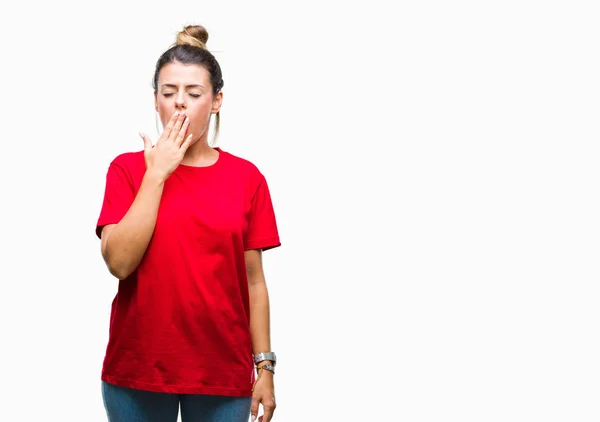 Giovane Bella Donna Sfondo Isolato Annoiato Sbadigliando Stanca Bocca Copertura — Foto Stock