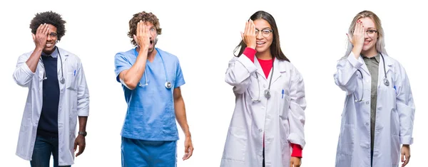 Collage Grupo Médicos Enfermeras Cirujanos Sobre Fondo Aislado Cubriendo Ojo —  Fotos de Stock