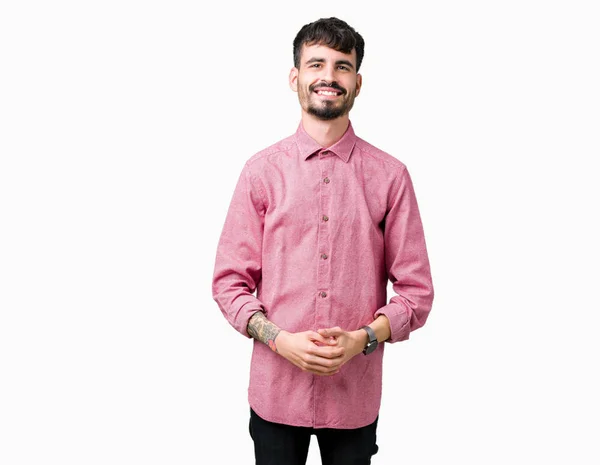 Arka Plan Eller Üzerinde Pembe Gömlek Giymiş Genç Yakışıklı Adam — Stok fotoğraf