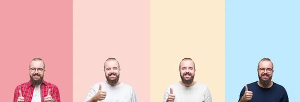 Collage Giovane Uomo Con Barba Strisce Colorate Sfondo Isolato Facendo — Foto Stock
