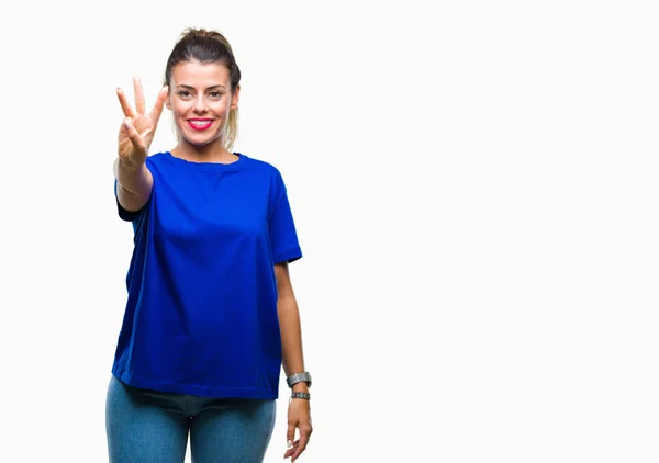 Giovane Bella Donna Indossa Casual Shirt Blu Sfondo Isolato Mostrando — Foto Stock