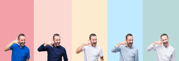Collage Senior Hoary Handsome Man Colorful Stripes Isolated Background Smiling — Foto Stock