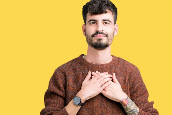 Homem Bonito Jovem Vestindo Camisola Inverno Sobre Fundo Isolado Sorrindo — Fotografia de Stock