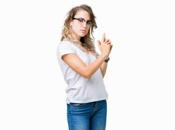 Bella Giovane Donna Bionda Che Indossa Occhiali Sfondo Isolato Tenendo — Foto Stock