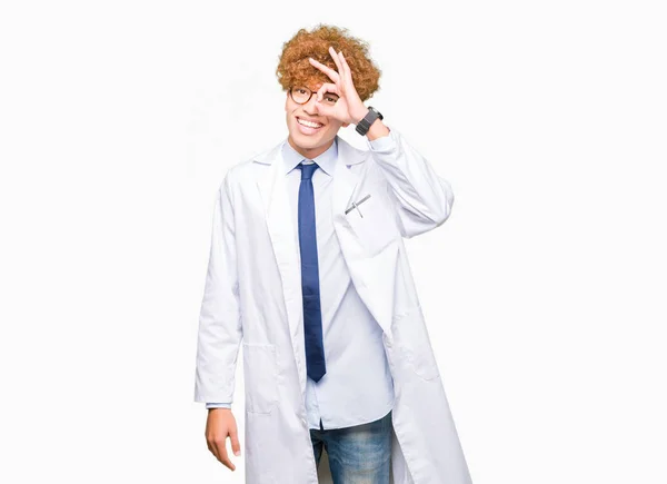 Young Handsome Scientist Man Wearing Glasses Doing Gesture Hand Smiling — Stock Photo, Image