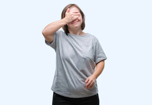 Young Adult Woman Syndrome Isolated Background Smiling Laughing Hand Face — Stock Photo, Image