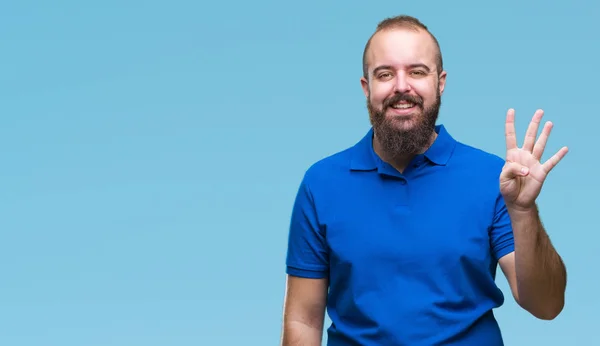 Joven Hombre Hipster Caucásico Con Camisa Azul Sobre Fondo Aislado — Foto de Stock