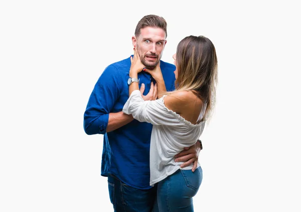 Young Couple Love Isolated Background Shouting Suffocate Because Painful Strangle — Stock Photo, Image