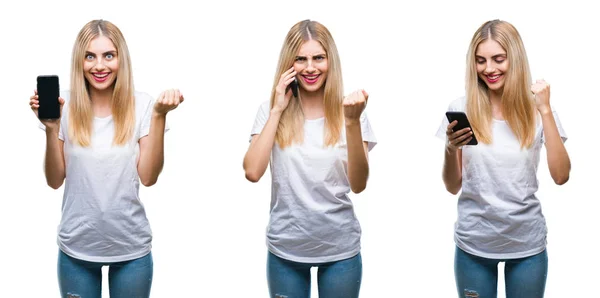 Collage Young Beautiful Blonde Casual Woman Using Smartphone Isolated Background — Stock Photo, Image