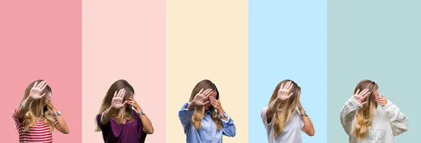 Collage Van Mooie Jonge Vrouw Kleurrijke Strepen Geïsoleerde Achtergrond Die — Stockfoto