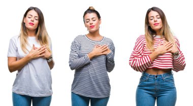 Kolaj ile gülümseyen izole arka plan üzerinde genç güzel kadın kapalı gözler ve yüzünde minnettar jest ile göğüs üzerinde eller. Sağlık kavramı.