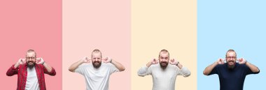 Yüksek sesle müzik gürültü rahatsız ifade parmaklarıyla kulaklarıyla kapsayan renkli çizgili izole arka plan üzerinde sakallı genç adam kolaj. Sağır kavramı.