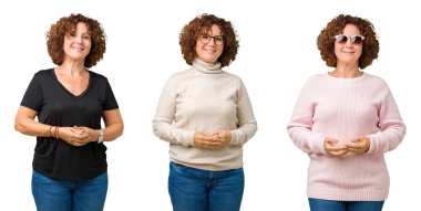 Collage of middle age senior woman over white isolated background Hands together and fingers crossed smiling relaxed and cheerful. Success and optimistic clipart