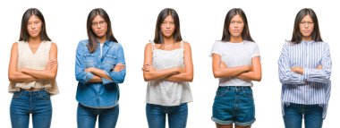 Çinli Asyalı kadın izole arka plan şüpheci ve çapraz kolları olan yüzündeki gergin, onaylamayan ifade kolaj. Negatif kişi.