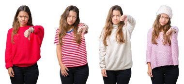 Güzel genç kadın yüzünden mutsuz ve kızgın ret gösterilen ve başparmak aşağı hareketi ile negatif seyir izole arka plan kolaj. Kötü ifade.