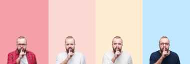 Dudaklarında parmak ile sessiz olmanı renkli çizgili izole arka plan üzerinde sakallı genç adam kolaj. Sessizlik ve gizli kavramı.