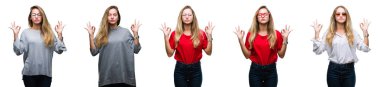 Kolaj genç güzel sarışın kadının izole arka plan üzerinde dinlenmek ve gülümseyen gözlerle kapalı parmak jestle meditasyon yapıyor. Yoga kavramı.