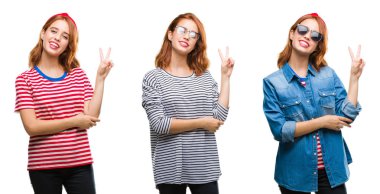 Genç güzel kızıl saçlı kadın mutlu yüz zafer işareti yaparken kameraya göz kırpıyor ile gülümseyen izole arka plan yüzünden kolaj. İki numaralı.